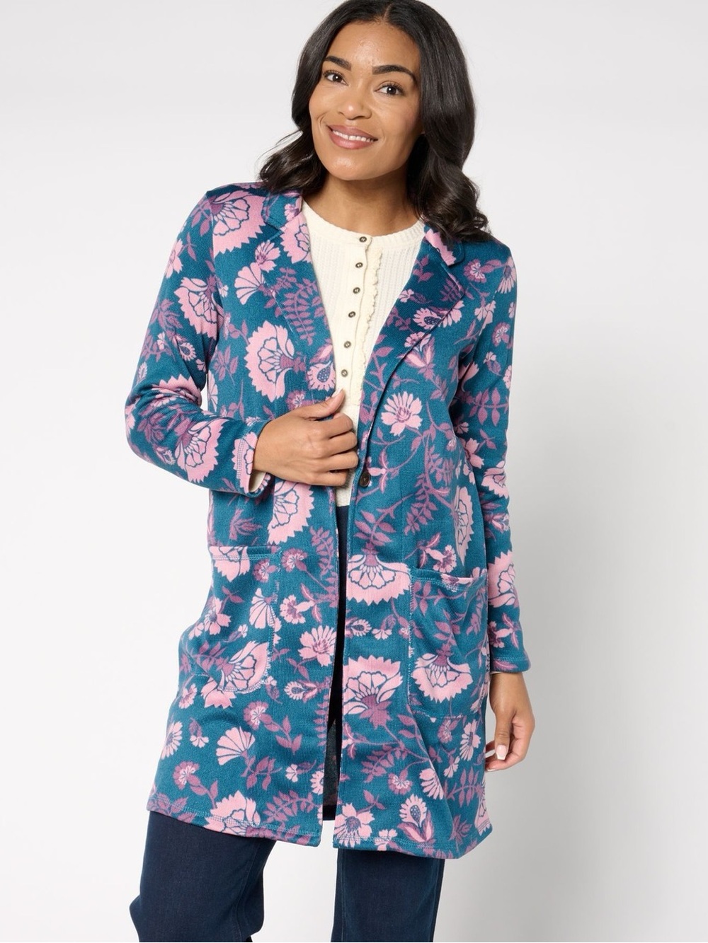 Cuddl Duds Brushed Sweater Coatigan Blue Floral Blazer Jacket Size Small